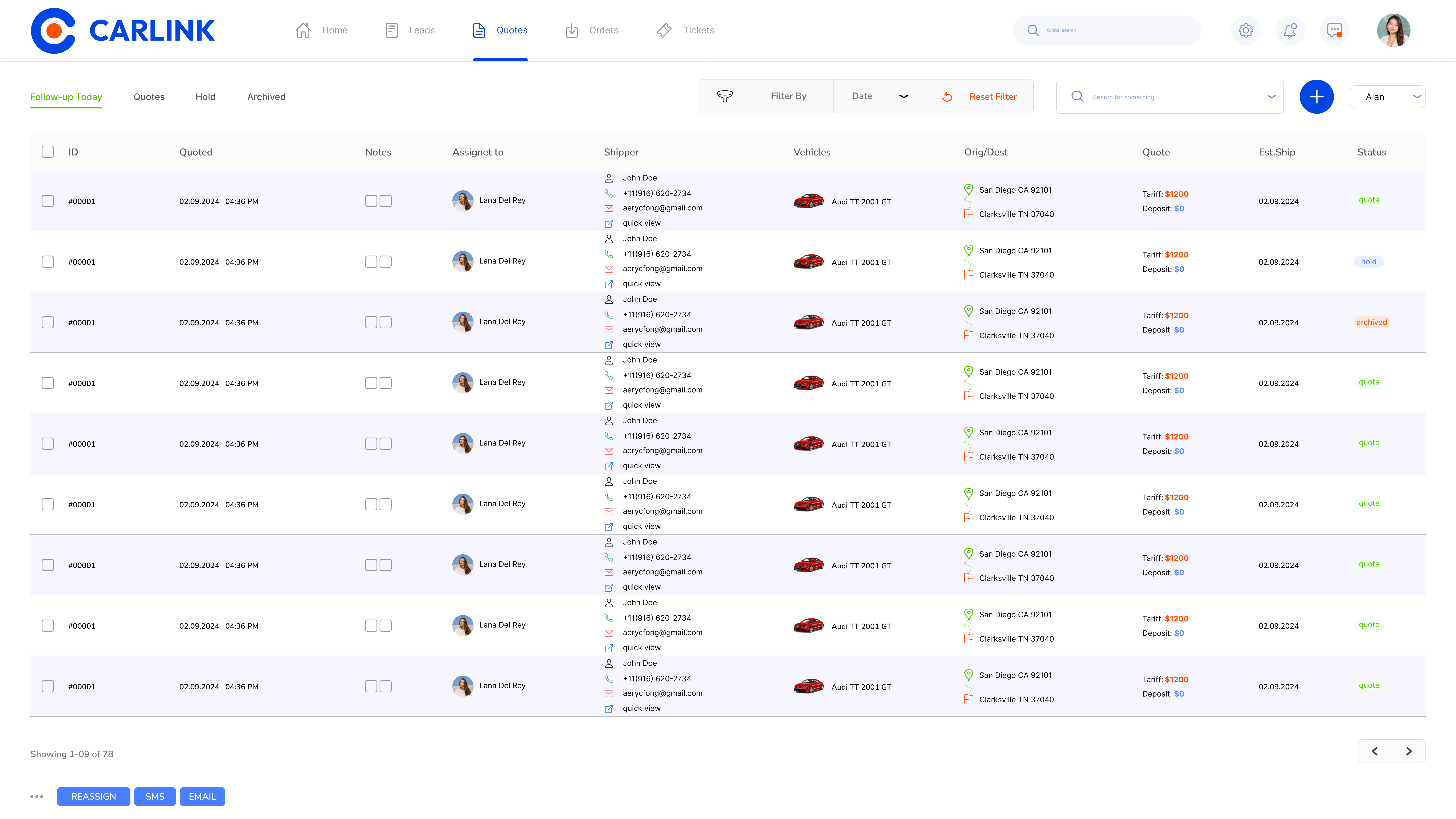 Carlink CRM Dashboard Interface