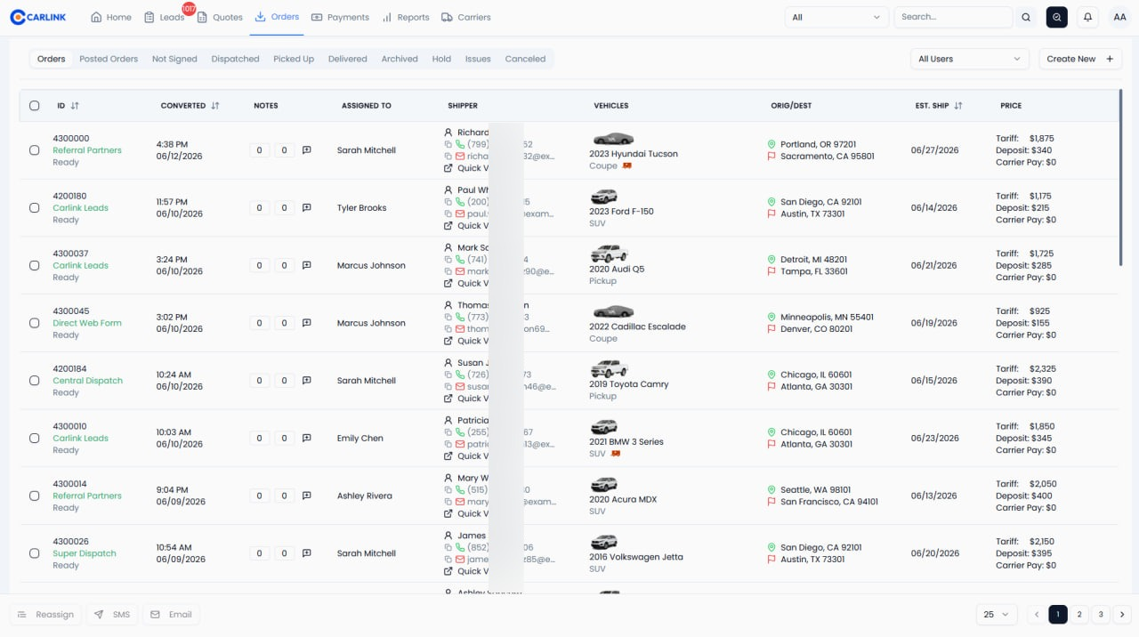 Carlink Orders board showing live order status, assigned agents, vehicles, routes, and pricing