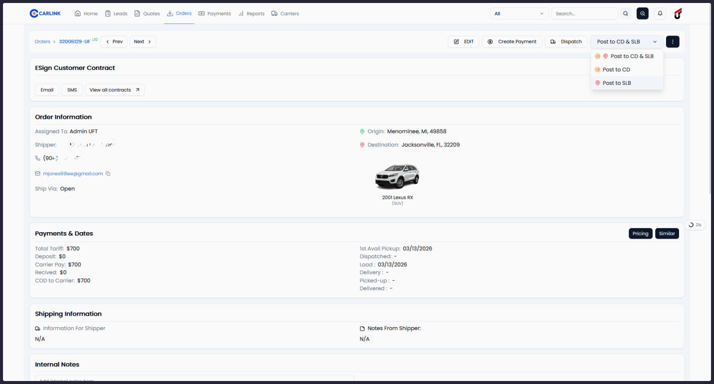 Order page showing Post to SLB dropdown with options for CD & SLB, CD only, and SLB only