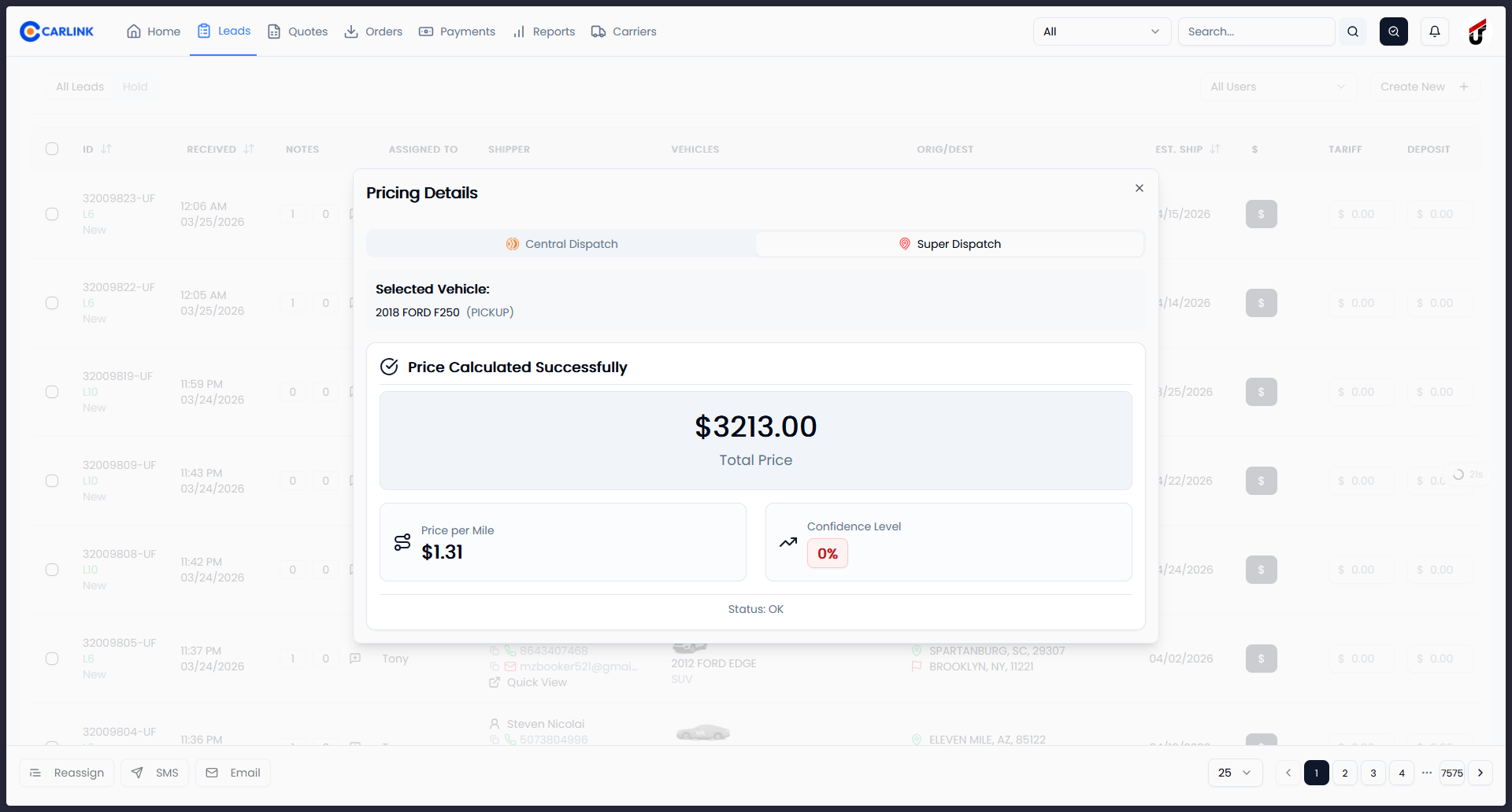 Pricing Details modal showing Super Dispatch tab with total price, price per mile, and confidence level