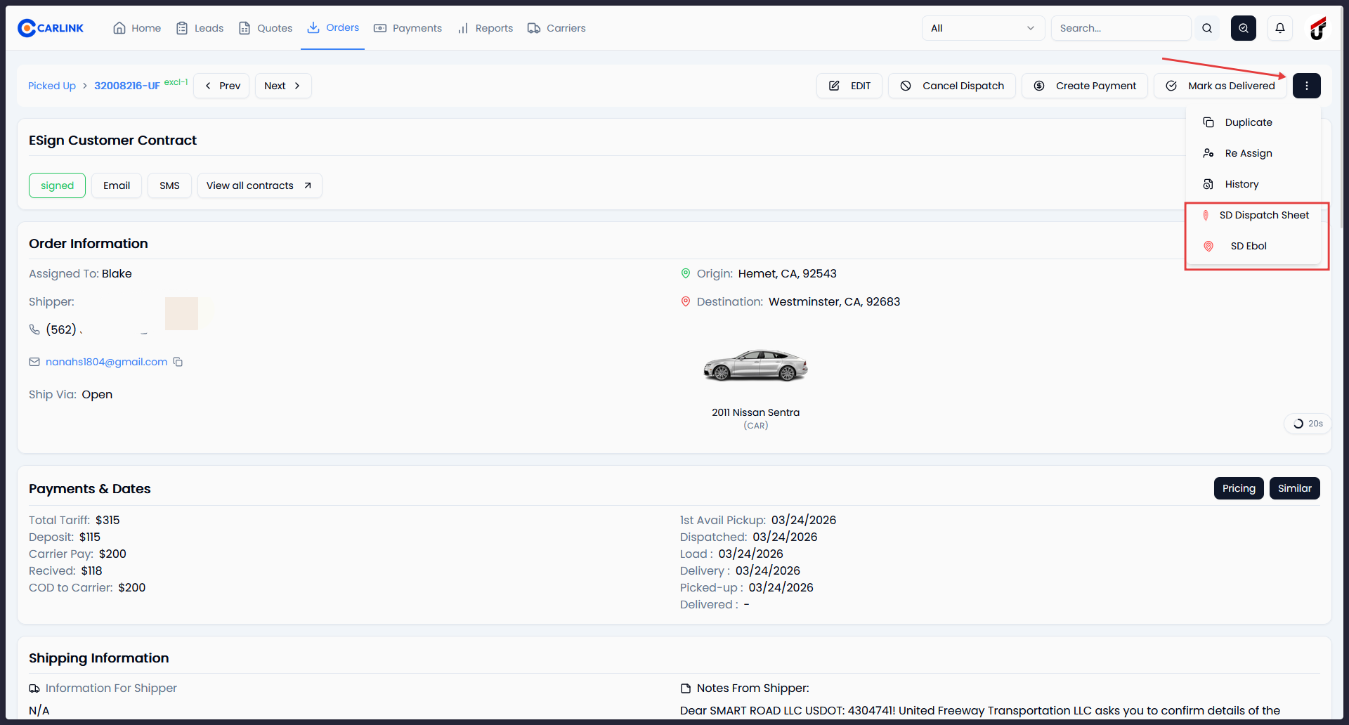 Order actions dropdown showing SD Dispatch Sheet and SD eBol download options