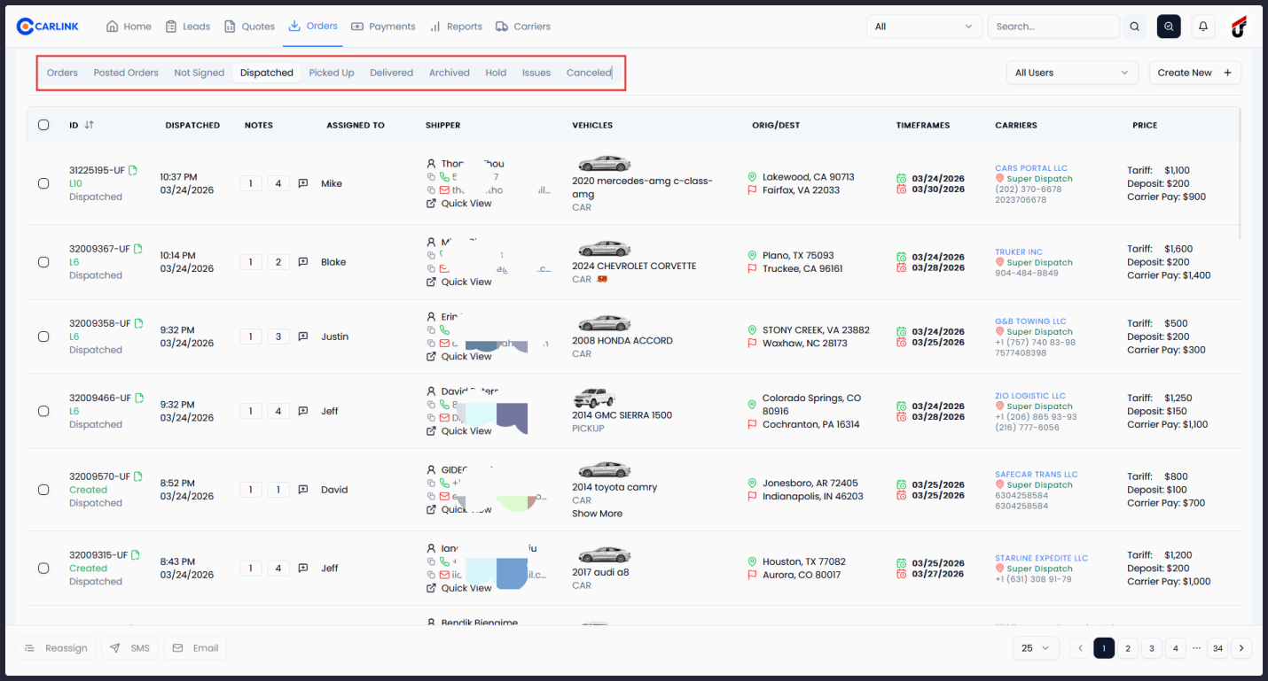 Orders list view showing dispatched orders with Super Dispatch source labels and carrier details