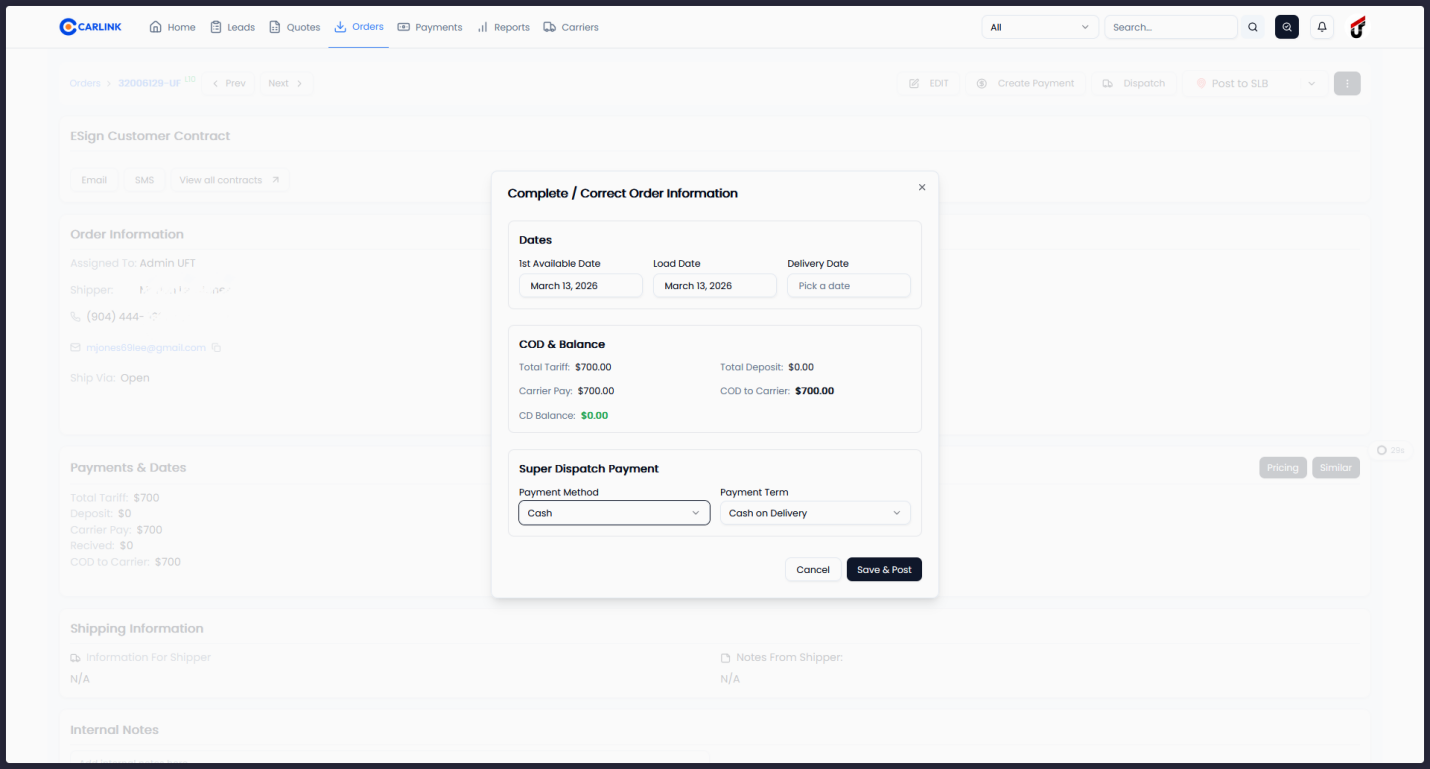 Post to SLB modal showing dates, COD & balance, and Super Dispatch payment configuration