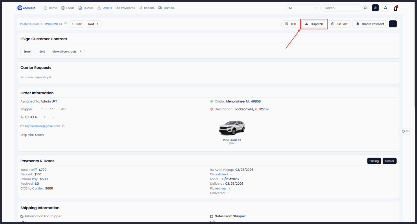 Order page with Dispatch button highlighted after posting to loadboard