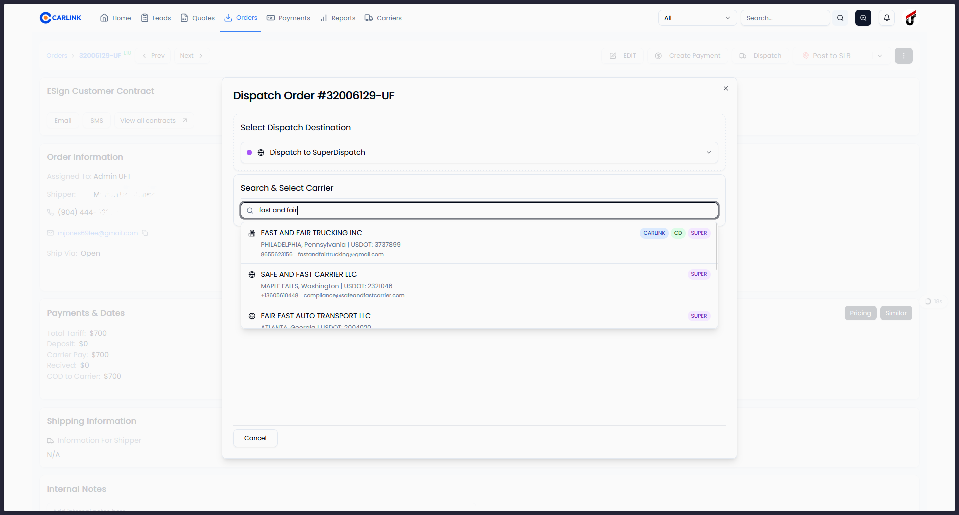 Dispatch modal showing unified carrier search results with CARLINK, CD, and SUPER source badges