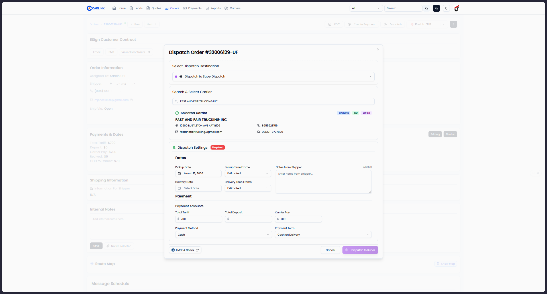 Dispatch modal with selected carrier, payment settings, and Dispatch to Super button