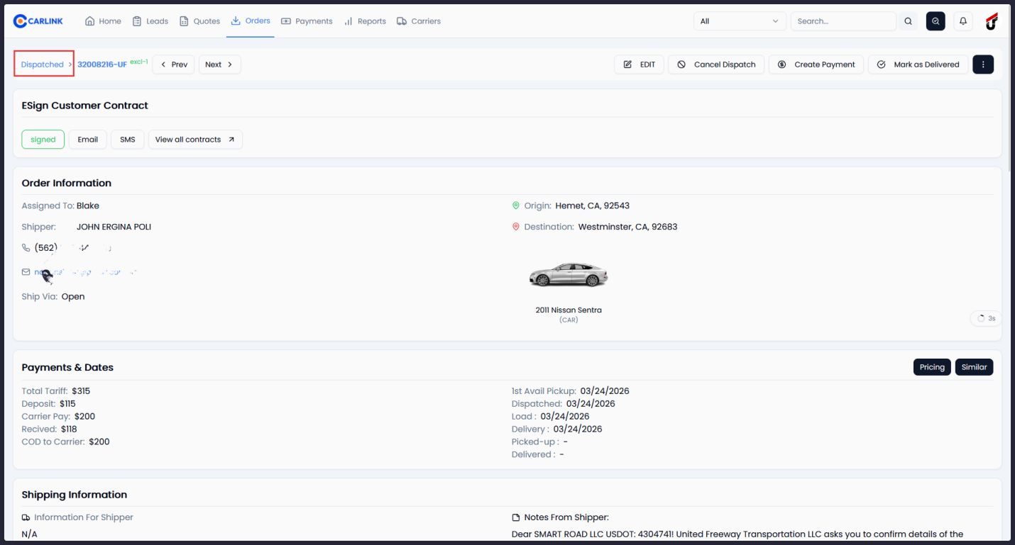 Order in Dispatched status showing carrier info, dates, and dispatch details