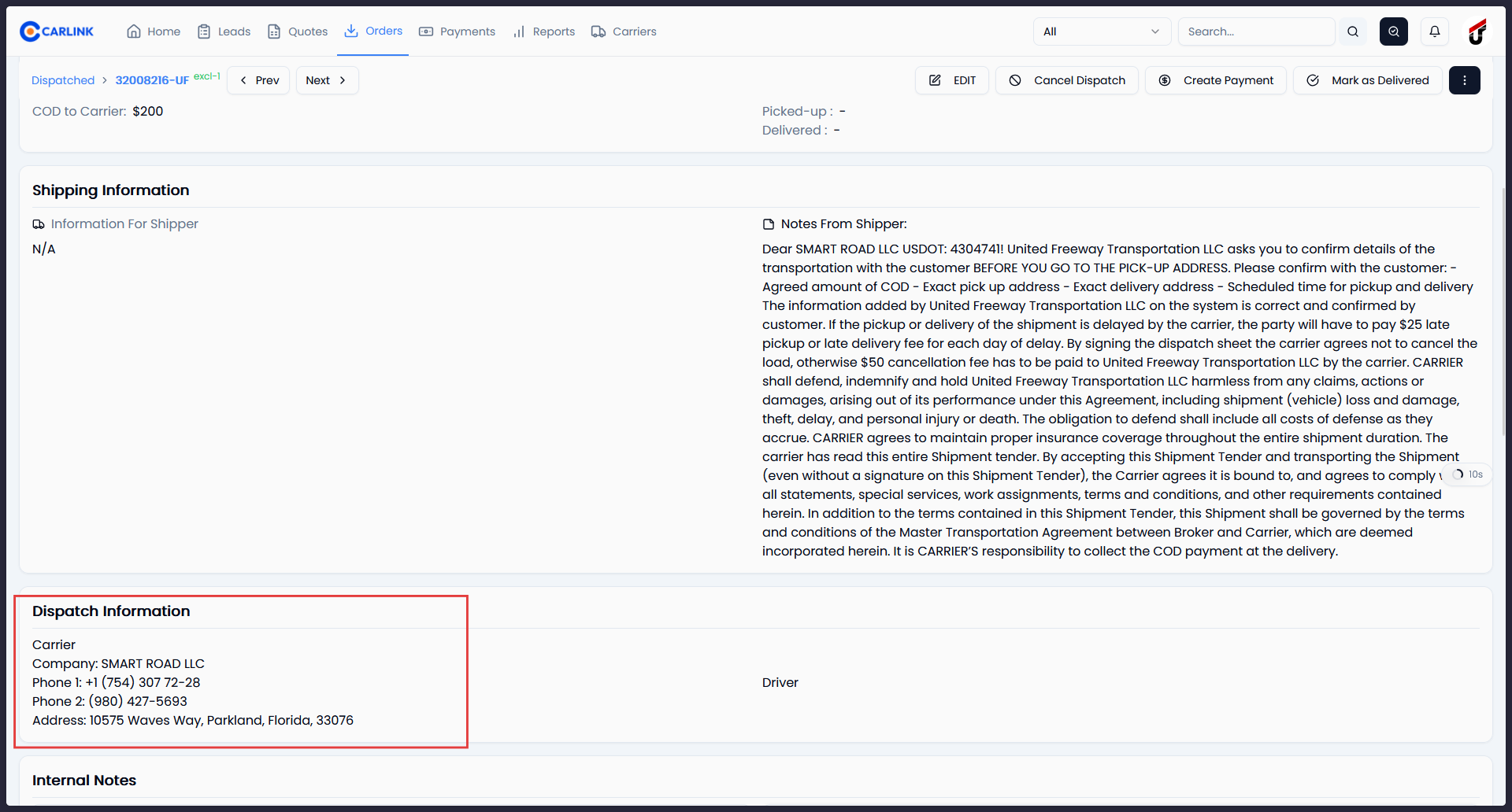 Dispatch Information section showing carrier company, phone numbers, and address