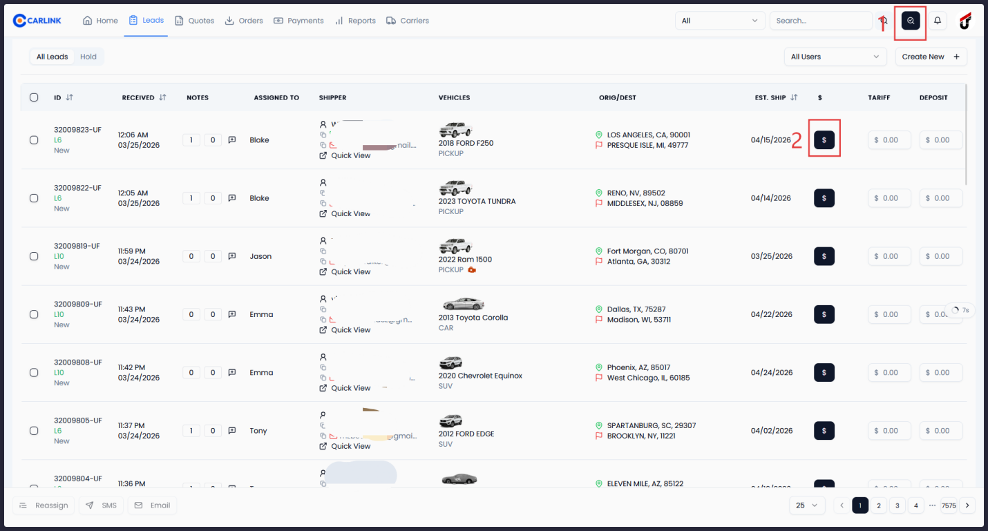 Leads list view with pricing button highlighted for quick price checks