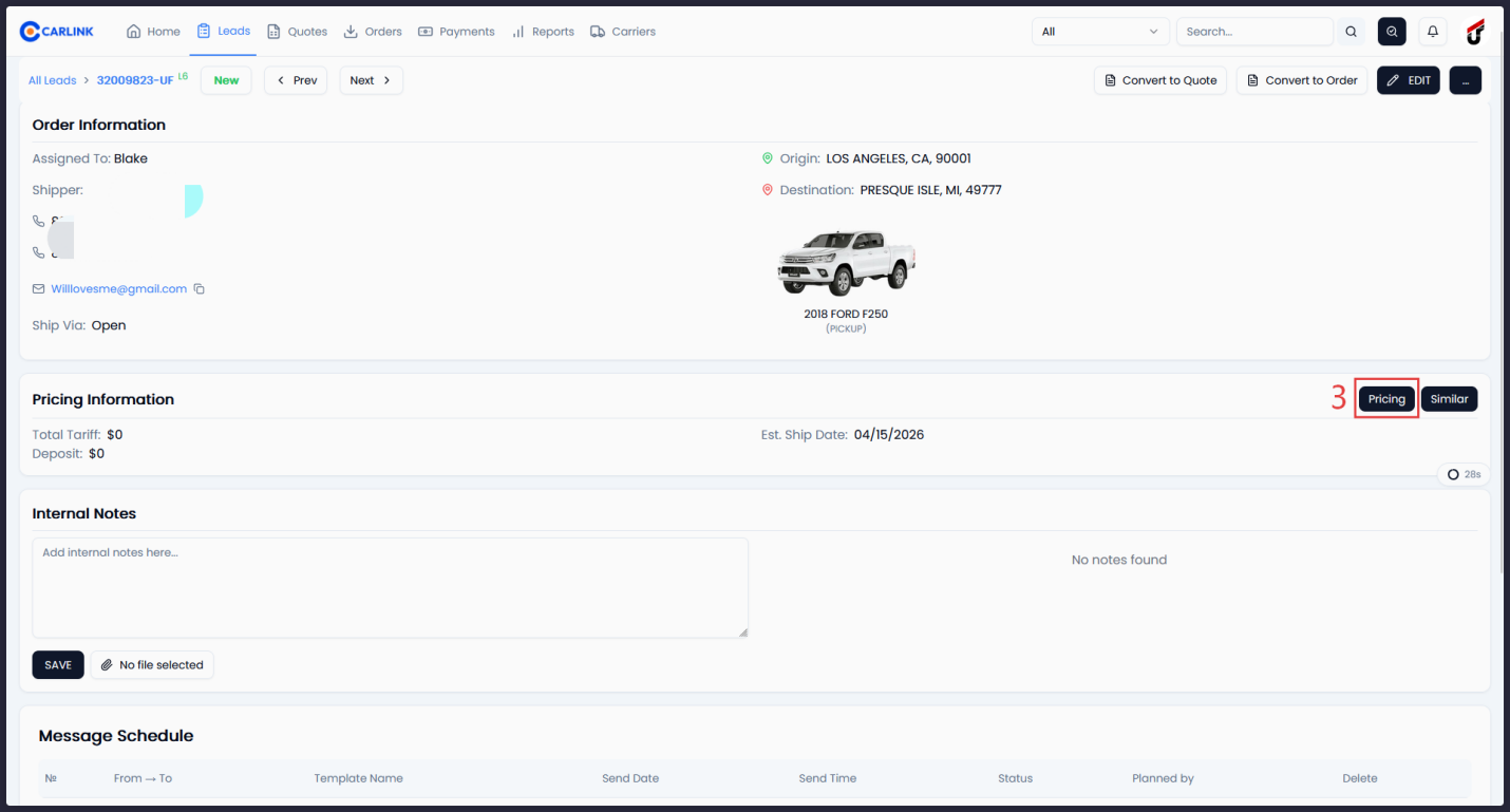 Lead detail page with Pricing button in the Pricing Information section